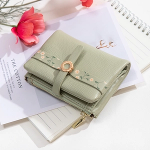 Women Short PU Leather Wallet Fresh Floral Print Zip Coin Purse Card Holder Buckle Folded Student Minimalist Clutch Money Bag