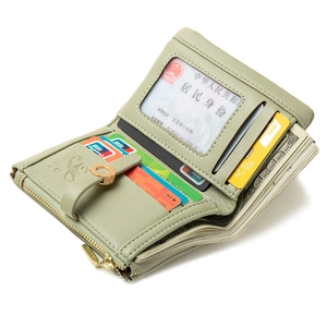 Short green PU leather bifold wallet for women with card slots and zipper pocket
