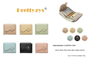 Close-up of compact PU leather wallets in six colors with decorative gold metal ring buckles