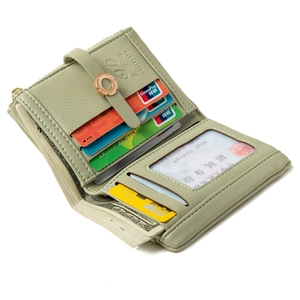 Short mint green PU wallet featuring multiple card slots, ID window and flower metal clasp