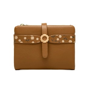 Detail of brown pebbled leather wallet with floral print and gold logo hardware