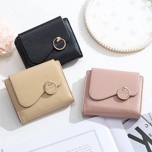 Three colors of faux leather short wallets with golden leaf buckle and textured finish