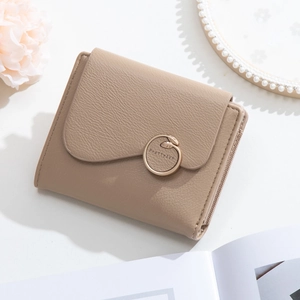 Women Short Wallet PU Leather Litchi Texture Folding Purse With Zipper Pocket Card Slots Metal Ring Buckle Elegant For Daily