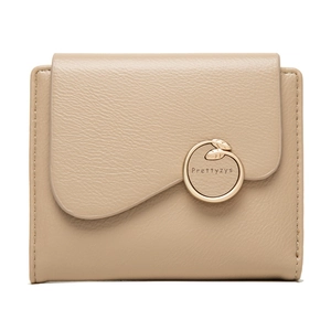 Minimalist beige short folding wallet for women featuring a metal leaf ring clasp