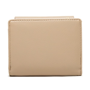 Detail of minimalist beige leather wallet showing fine grain texture and neat stitching