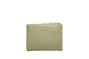 Detail of light green PU leather wallet with lychee grain texture and gold metal zipper