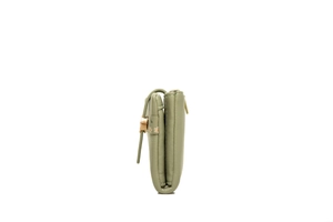 Side view of pale green faux leather bifold wallet with floral strap and gold hardware