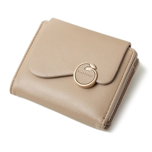 Detail of khaki tri-fold short wallet featuring lychee texture and gold leaf buckle