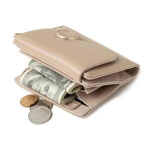 Women's minimalist tri-fold short wallet in beige litchi leather with round metal clasp