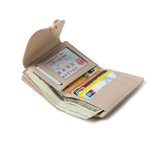 Women's tri-fold beige leather wallet with multiple card slots and clear ID window