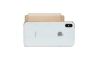 Compact light brown pebble leather wallet with flip cover and phone size comparison