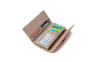 Detail view of a long bi-fold wallet featuring multiple card slots and a clear ID window