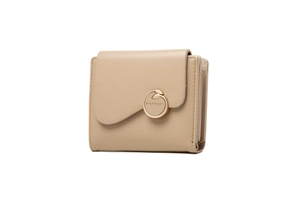 Close-up of beige lychee grain leather wallet with a gold metal ring clasp and layered slots