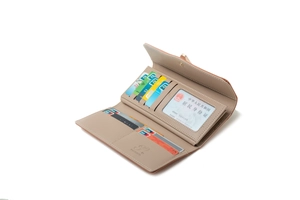 Close-up of beige leather wallet interior featuring multiple card slots and clear ID window