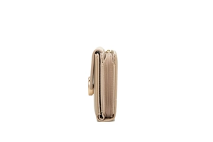 Side view of beige PU leather multi-layer wallet with zipper and metal buckle