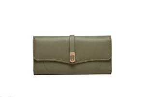 Close-up of dark green pebble leather long wallet with gold U-shaped metal buckle