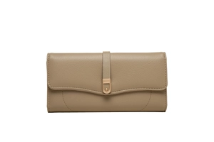 Close-up of khaki leather wallet featuring a gold buckle and fine lychee grain texture
