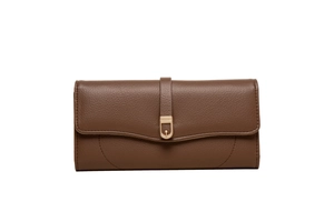 Close-up of deep brown lychee grain leather wallet featuring gold metal buckle detail