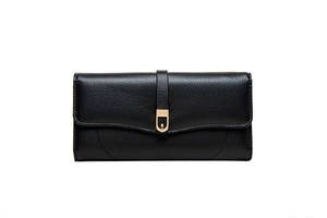 Detail of black pebbled leather texture on long wallet with golden metal clasp