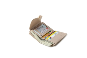 Detail view of the open beige leather folding wallet showing card slots and ID window