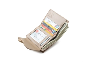 Detail view of khaki multi-slot short wallet showing card slots and cash compartment