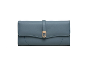 Detail of blue pebbled leather long wallet with scalloped edge and metal buckle