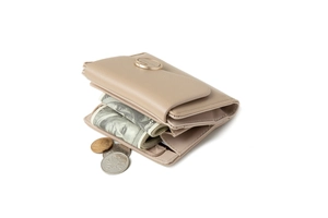 Detail of short fold wallet with lychee texture, card slots and gold snap button
