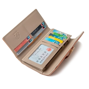 Detail view of large capacity beige long wallet featuring multiple card slots and leather slots