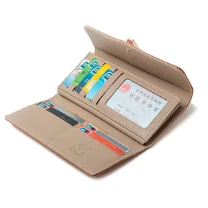 Elegant khaki long leather wallet for women with multi-card slots and ID window