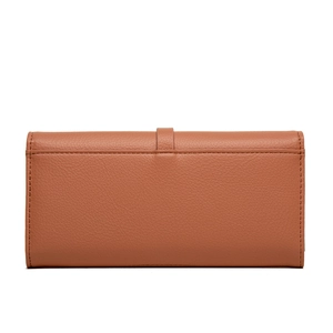 Long leather wallet for women in tan pebble grain finish with elegant back stitching