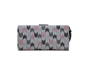Detail of long PU leather wallet with pink and grey chevron pattern and wristlet strap