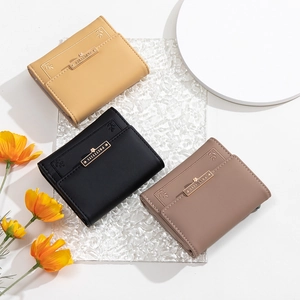 Three-color tri-fold PU leather wallets with elegant leaf embossing and metal logo