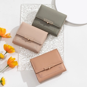 Short tri-fold PU wallets with leaf embroidery and metal trim in olive, pink and caramel
