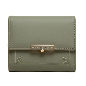 Women's tri-fold green PU leather wallet with flower charm and leaf embroidery