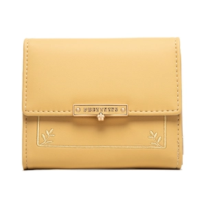 Detail of mustard yellow tri-fold wallet with exquisite floral embroidery and logo buckle