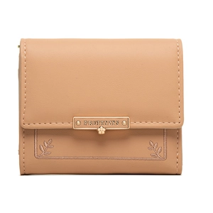 Close-up of pink PU leather tri-fold wallet with floral embroidery and metal logo
