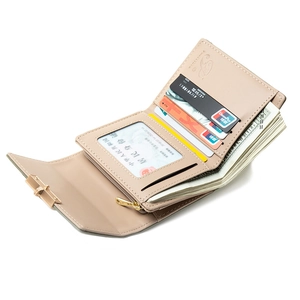 Three-fold apricot PU leather wallet with multiple card slots and gold clasp