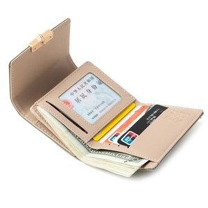Detail view of tri-fold PU leather wallet interior with card slots and ID window