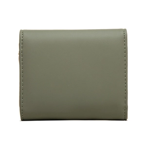 Close-up of minimalist bean green PU leather foldable wallet with detailed stitching