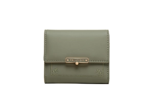 Detail of Morandi green PU leather wallet with floral embroidery and gold brand plaque