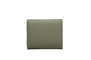 Detail of olive green PU leather wallet showing fine litchi grain texture and stitching