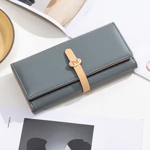 Womens Long Wallet PU Leather Litchi Grain Tri Fold Flap Handbag Purse With Metal Buckle Card Slots Versatile Simple Style