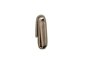 Side view of olive green tri-fold wallet showing organized accordion layers and metal zipper