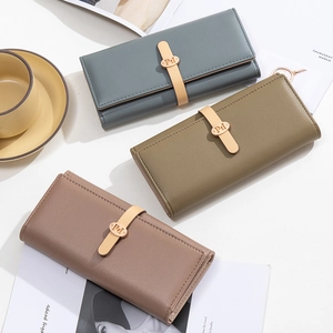 Minimalist long trifold wallets in blue, olive, and earth tones with gold metal buckle