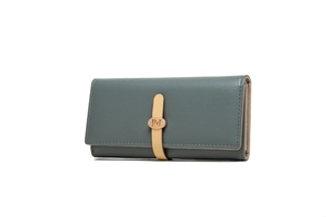 Detail view of the gray-blue long leather wallet featuring layered design and PL gold buckle