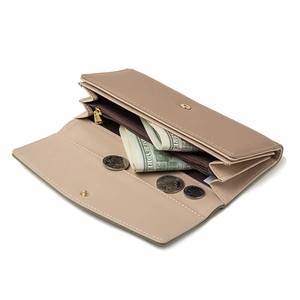 Große dreifaltige Damen-Brieftasche aus PU-Leder in Khaki mit goldenem Reißverschluss