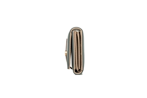Side view of triple-fold long wallet showing layered compartments and metal buckle