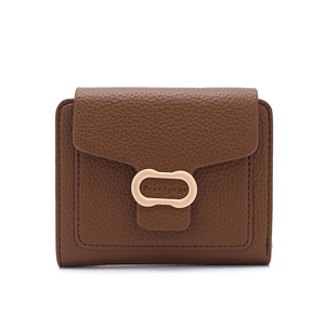 Close-up of the dark brown lychee texture leather wallet with a gold Prettyzys metal buckle