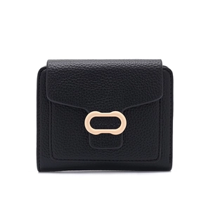 Minimalist black lychee texture PU leather short wallet with oval golden buckle