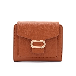 Close-up of brown litchi pattern leather wallet with an oval Prettyzys designer buckle